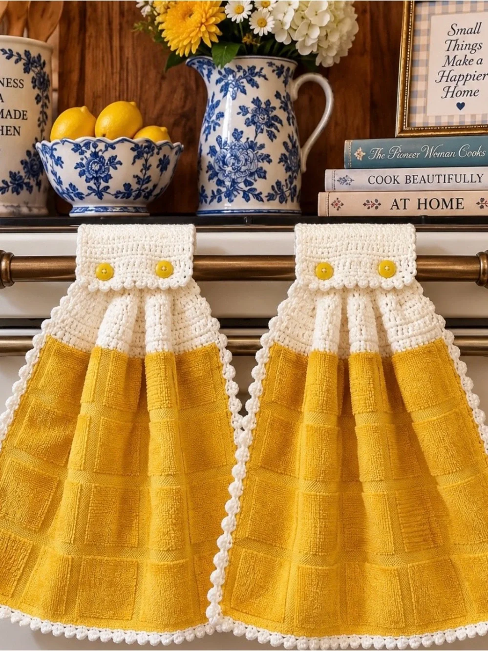 Handmade Yellow Crochet Hanging Kitchen Towels Pair